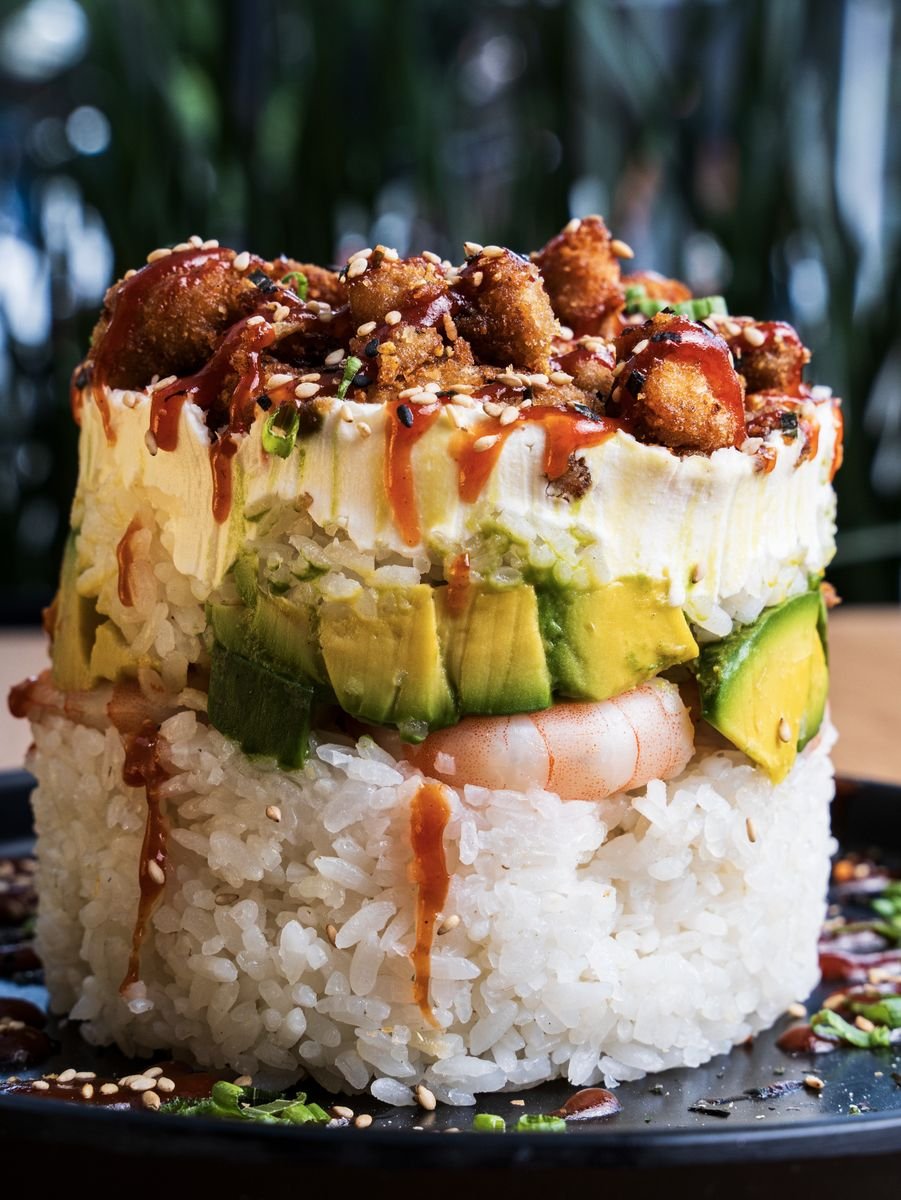 Gohan Crispy — torre de arroz con camarón y crispy empanizado