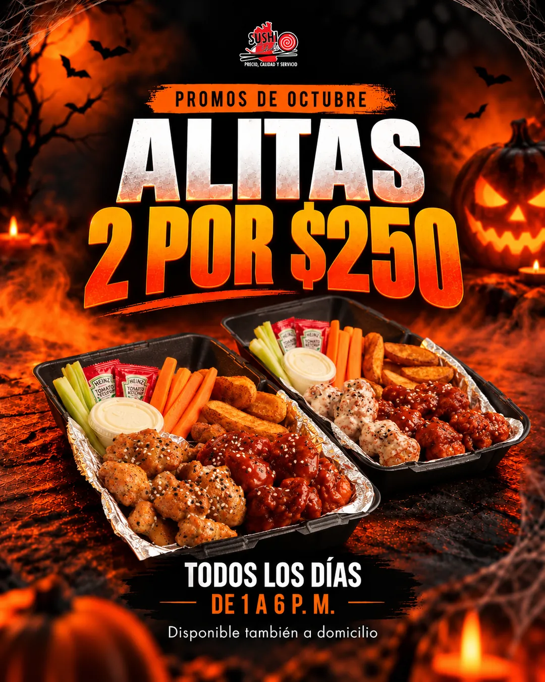 Alitas 2 por $250 — todos los días de 1 a 6 PM